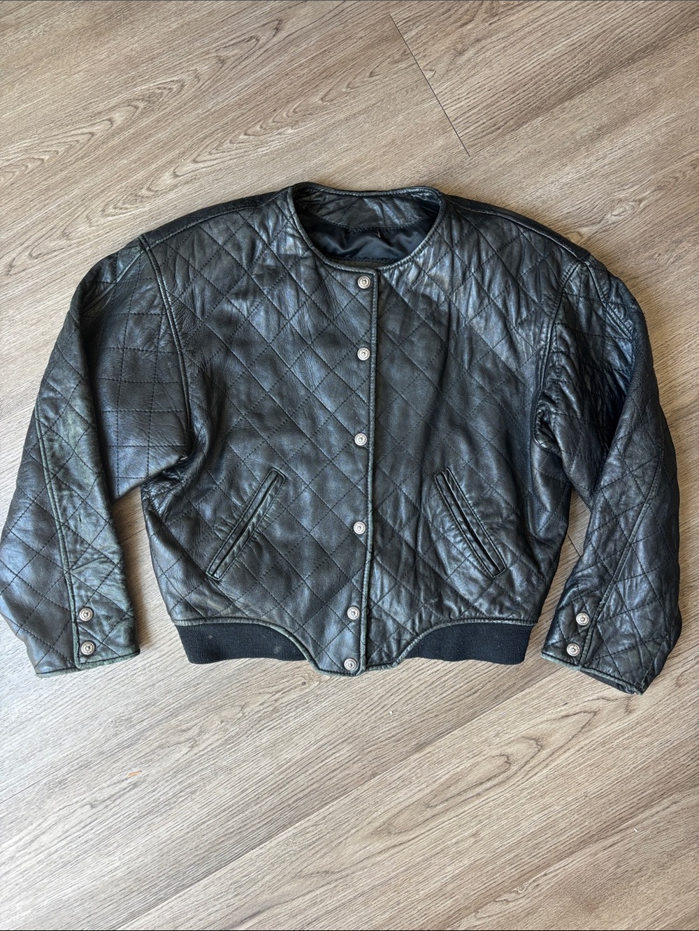Vintage Express Y2K Quilted Black Leather Snap Button Moto Biker Bomber Jacket